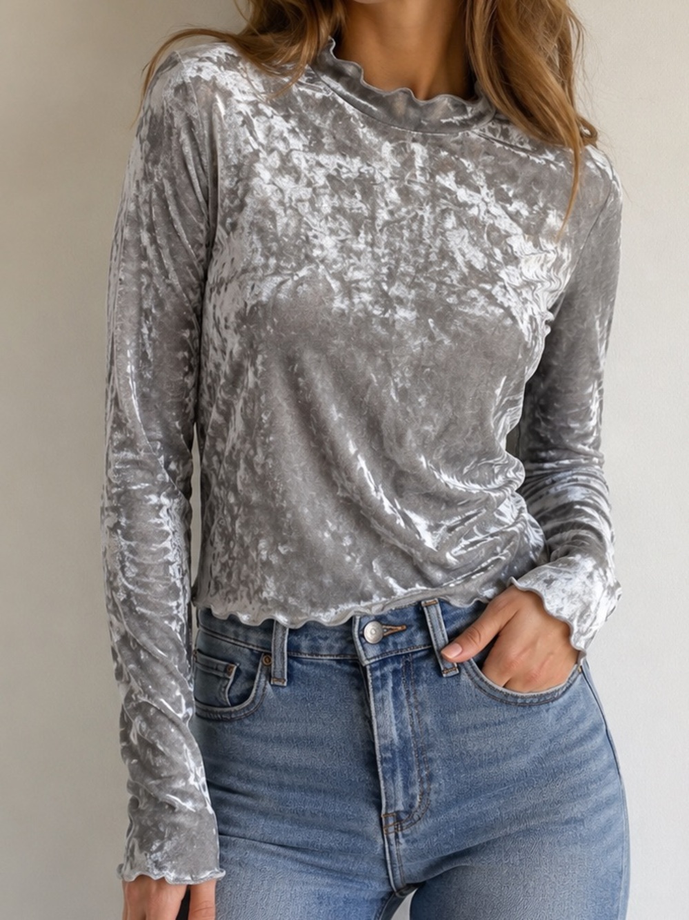Planet Gold Silver Shimmery Velvet Ruffle-Neck Top